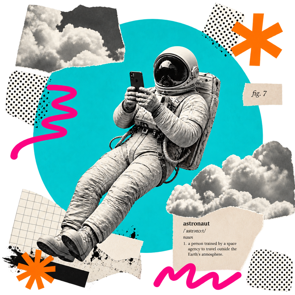 Colagem surrealista com astronauta